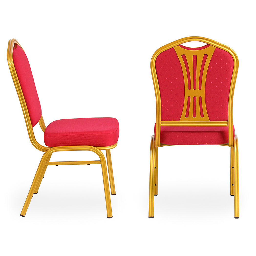 Gold frame banquet and church chair showing upholstered side view and decorative flower-back design on white background