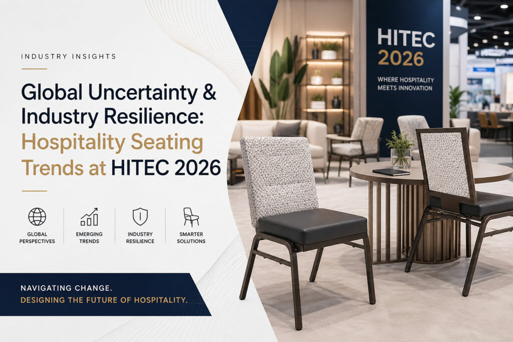 Modern hospitality seating showcased at HITEC 2026 highlighting commercial furniture trends, hotel dining chairs, and hospitality industry innovation.