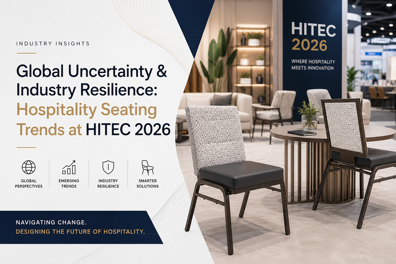 Modern hospitality seating showcased at HITEC 2026 highlighting commercial furniture trends, hotel dining chairs, and hospitality industry innovation.