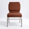 stackable aluminum church chair with writing tablet upholstered brown fabric seat and metal frame with book rack