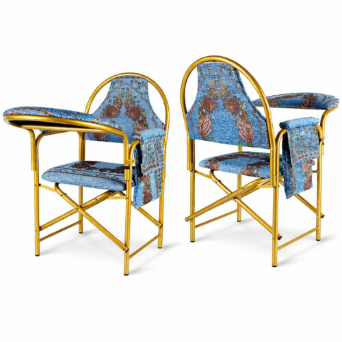 blue upholstered muslim prayer chair with writing tablet and knock down folding frame for mosque and majlis seating