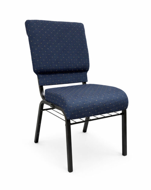 stackable church chair with upholstered fabric seat and metal frame front view