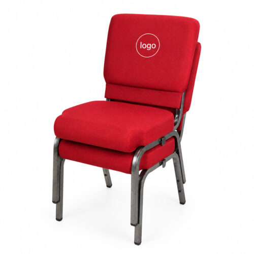 Red upholstered custom embroidered church chair with front logo branding and stackable commercial worship seating frame