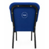 Rear view of blue upholstered church chair with custom logo embroidery and black powder coated steel frame