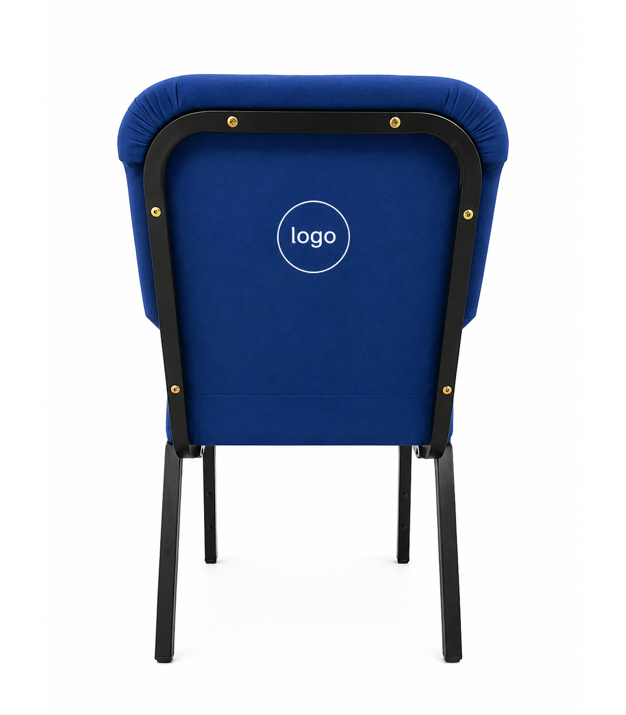 Rear view of blue upholstered church chair with custom logo embroidery and black powder coated steel frame