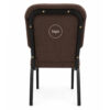 Rear view of brown upholstered church chair with custom logo embroidery and black steel frame