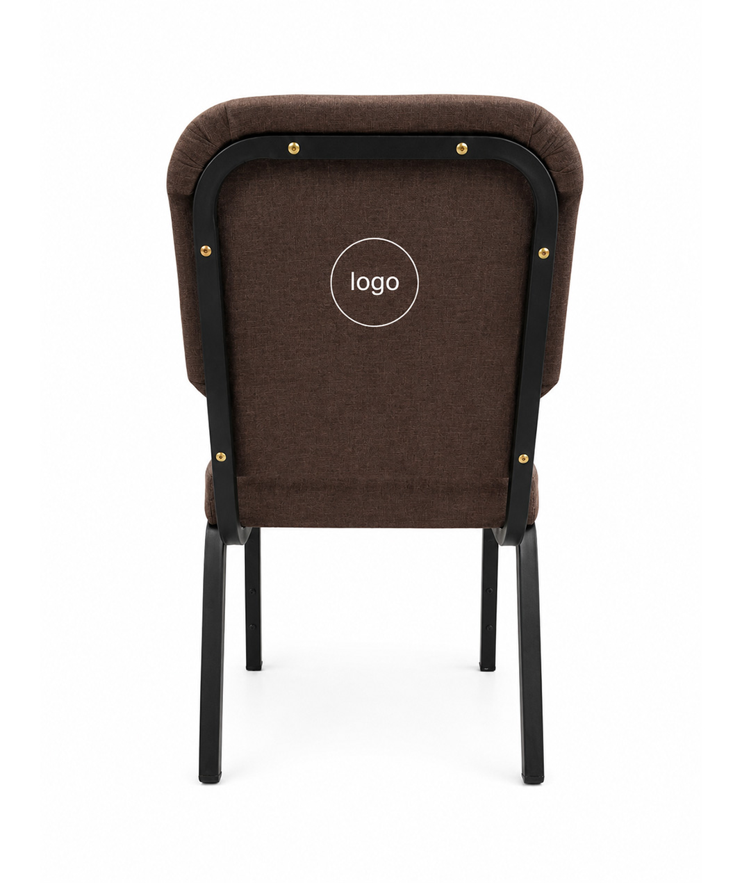 Rear view of brown upholstered church chair with custom logo embroidery and black steel frame