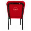 Back view of red upholstered church chair with custom logo embroidery and black steel frame