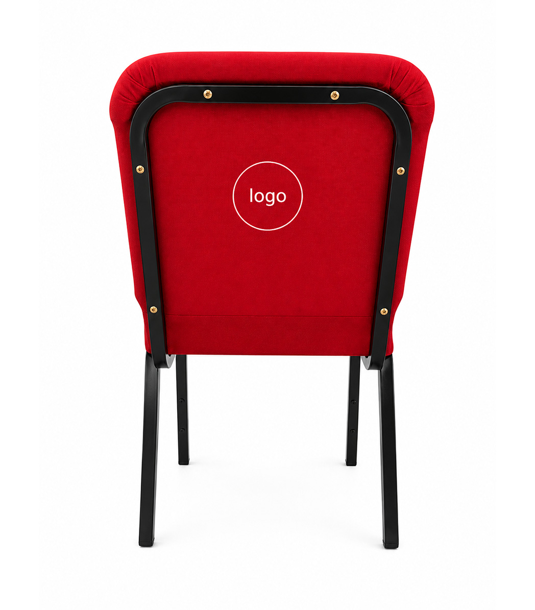 Back view of red upholstered church chair with custom logo embroidery and black steel frame