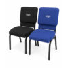 Black and blue upholstered church chairs with custom logo branding and commercial worship seating frames