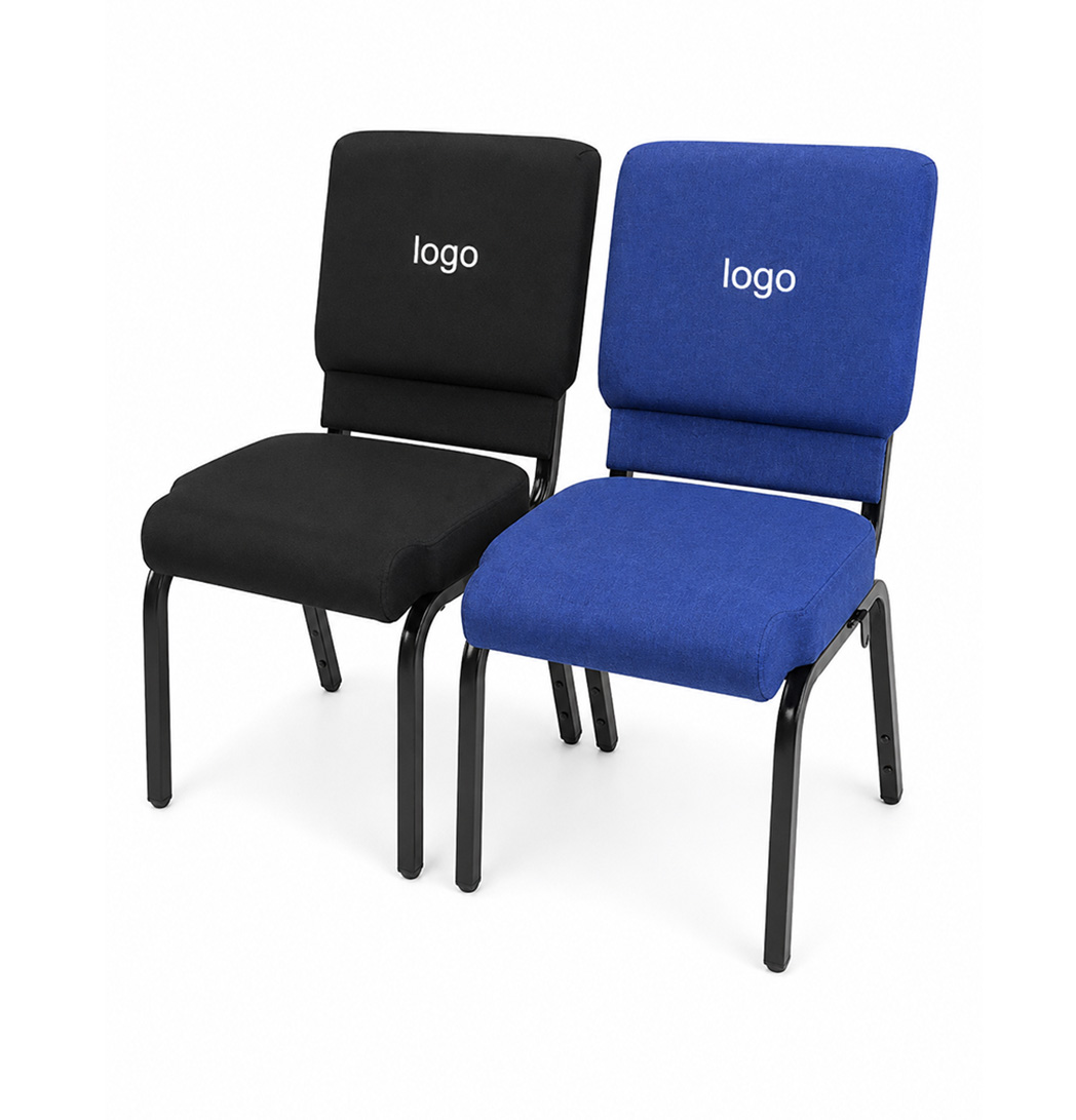 Black and blue upholstered church chairs with custom logo branding and commercial worship seating frames