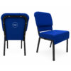 Rear view of blue upholstered church chair with custom logo embroidery and black powder coated steel frame