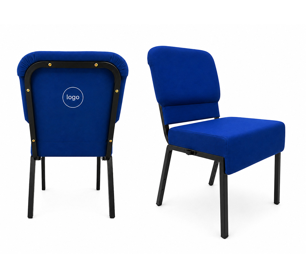 Rear view of blue upholstered church chair with custom logo embroidery and black powder coated steel frame