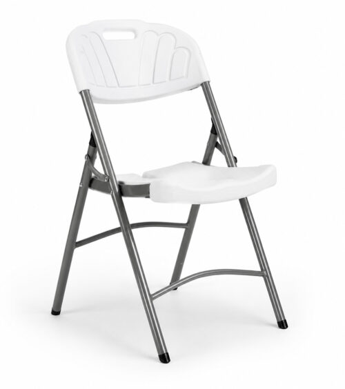 Aurora folding plastic banquet chairs arranged around round table in outdoor event setup, commercial seating solution
