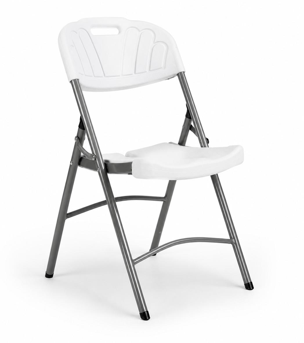 Aurora folding plastic banquet chairs arranged around round table in outdoor event setup, commercial seating solution