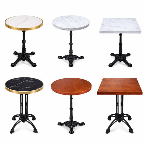 Commercial Bistro Table Collection featuring cast iron pedestal bases with round and square marble, wood, and sintered stone tops for restaurants, cafés, bars, and hospitality spaces.