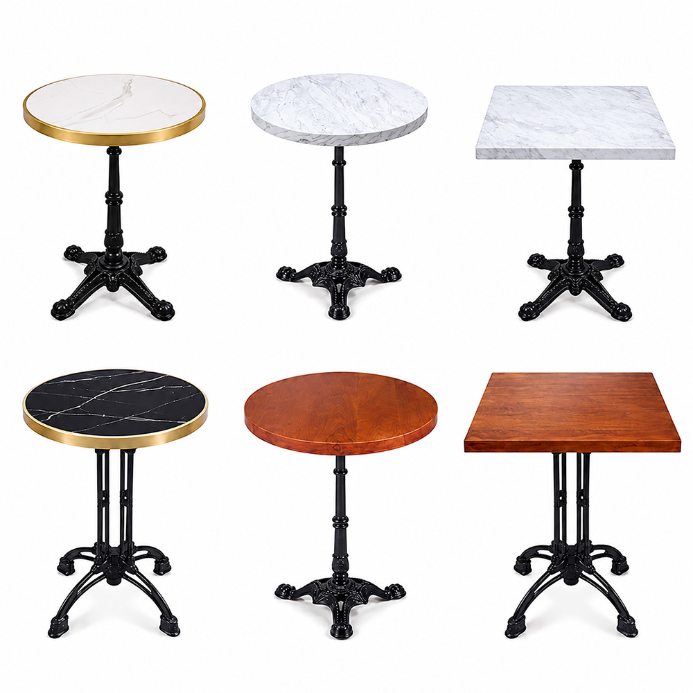 Commercial Bistro Table Collection featuring cast iron pedestal bases with round and square marble, wood, and sintered stone tops for restaurants, cafés, bars, and hospitality spaces.
