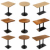 Commercial restaurant table collection featuring round, square and rectangular dining tables with wood tops and black metal bases for cafes, bistros, restaurants and hospitality spaces.