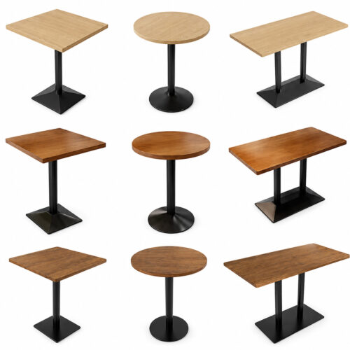 Commercial restaurant table collection featuring round, square and rectangular dining tables with wood tops and black metal bases for cafes, bistros, restaurants and hospitality spaces.