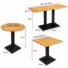 Restaurant table dimensions showing round, square and rectangular commercial dining table sizes for cafés, restaurants, bistros and hospitality projects