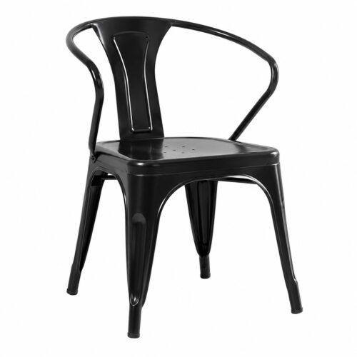 Black commercial Tolix armchair with integrated metal arms and industrial steel frame for restaurants cafes hotels and hospitality dining spaces