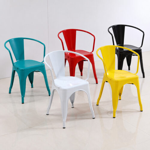 Commercial Tolix dining chairs with arms in white, yellow, teal, red and black powder-coated finishes for cafes, restaurants and hospitality seating.