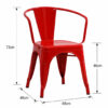 Commercial Tolix dining chair with arms dimension drawing showing 48cm width, 48cm depth, 73cm overall height and 46cm seat height.