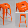Custom logo Tolix bar stool branding showcase featuring printed logo placement on commercial metal seating for restaurants, beverage brands, cafés and promotional projects