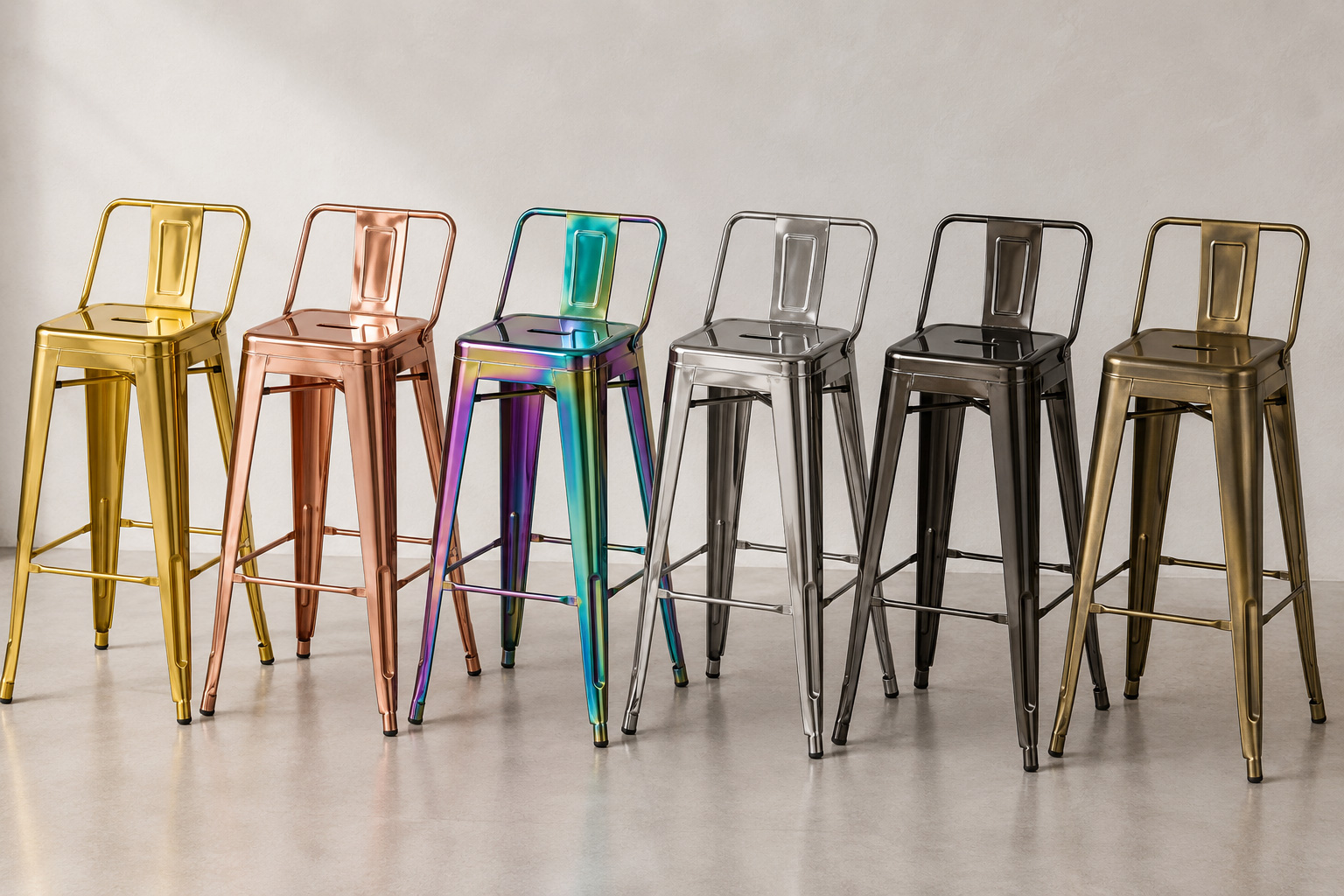 Electroplated industrial low-back Tolix stools in mirror gold, rose gold, rainbow titanium, mirror silver, gunmetal black and champagne gold finishes for luxury commercial seating