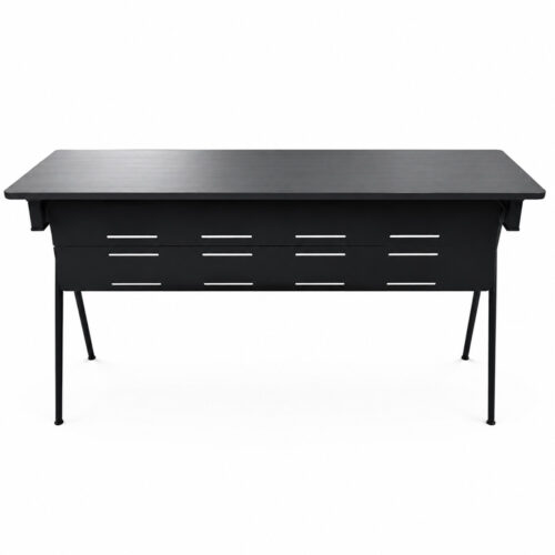 Modern folding conference table with black steel legs, integrated modesty panel, and durable laminate top for commercial training and meeting rooms.