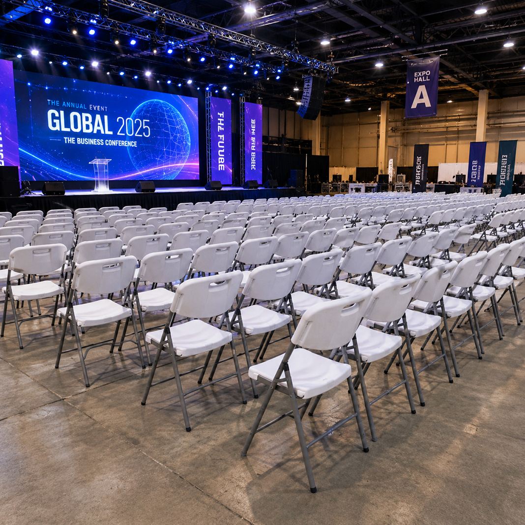 Folding plastic banquet chairs arranged in large conference hall event setup commercial seating bulk application