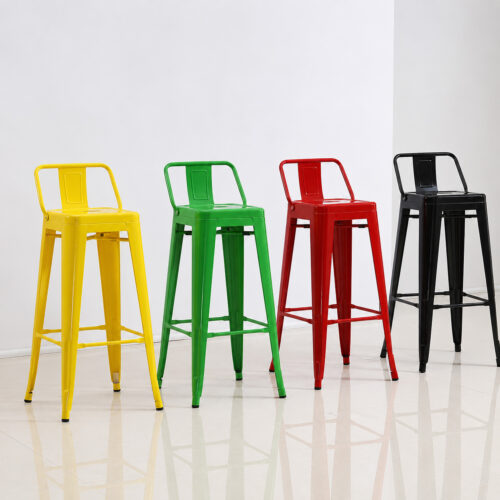 Industrial low-back Tolix stools in multiple colors with metal seat options, available in 45cm, 60cm, 65cm and 76cm heights for restaurant, cafe, bar and hotel commercial seating.
