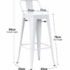 Industrial low-back Tolix bar stool dimension drawing showing 43cm width, 43cm depth, 94cm overall height and 76cm seat height for commercial seating applications.