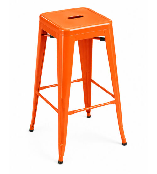Orange industrial Tolix bar stool with square metal seat, commercial-grade steel construction for cafes, restaurants, bars and hospitality projects