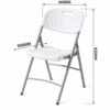 White plastic folding chair with decorative textured backrest and steel frame showing dimensions 460mm width 500mm depth and 820mm height