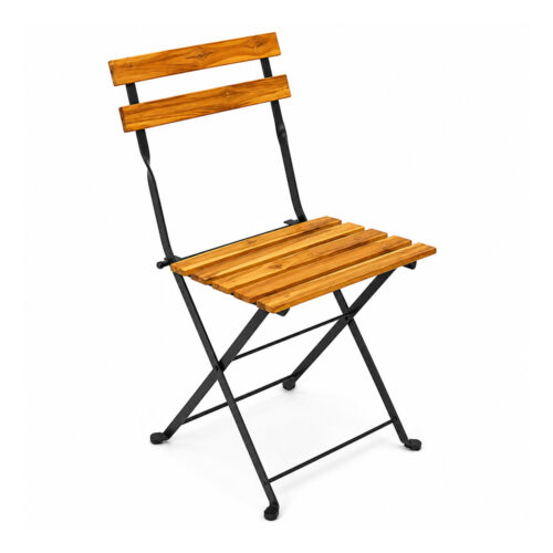 Wood folding bistro chair with metal frame for outdoor cafe and restaurant seating, commercial use