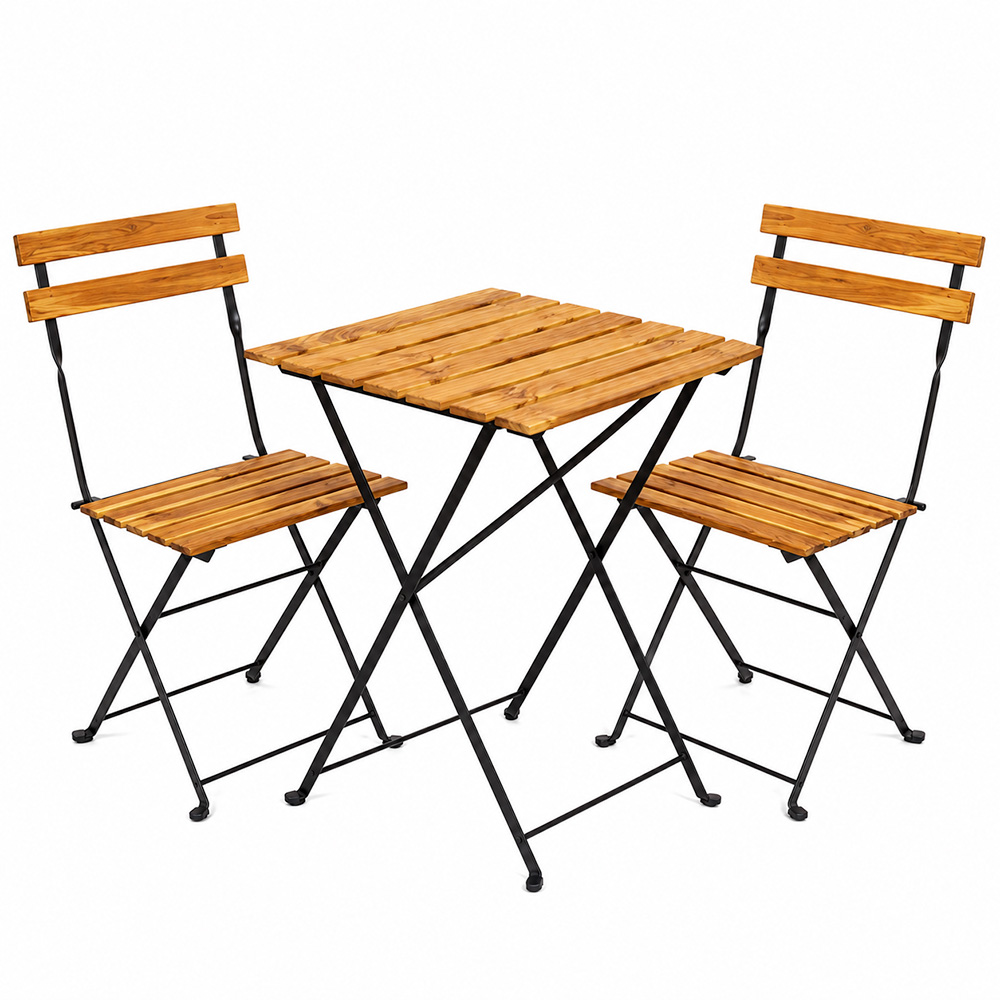 Wood folding bistro chair set with table for outdoor cafe and restaurant seating, commercial metal frame furniture
