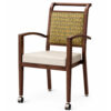 Harbor Arm aluminum dining chair with front casters, wood grain finish, upholstered seat and back, commercial hospitality and senior living seating.