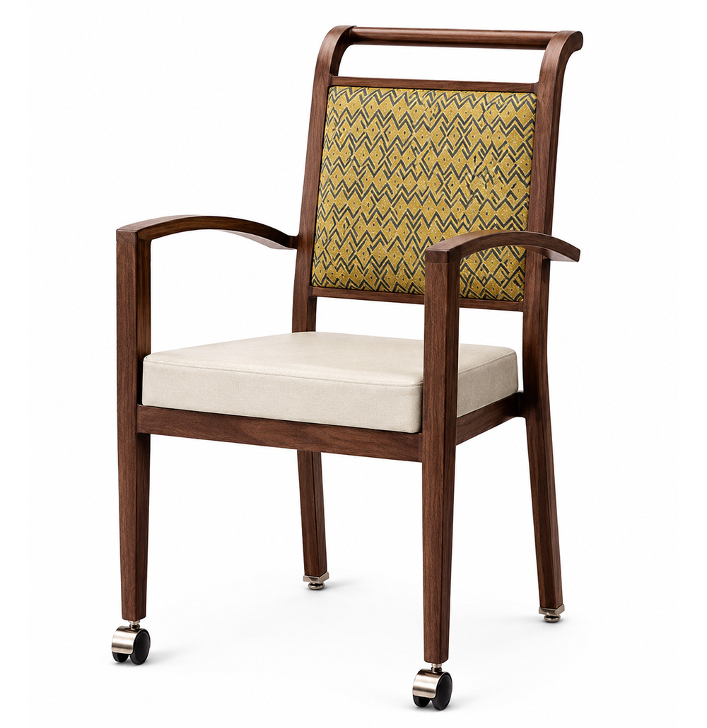 Harbor Arm aluminum dining chair with front casters, wood grain finish, upholstered seat and back, commercial hospitality and senior living seating.