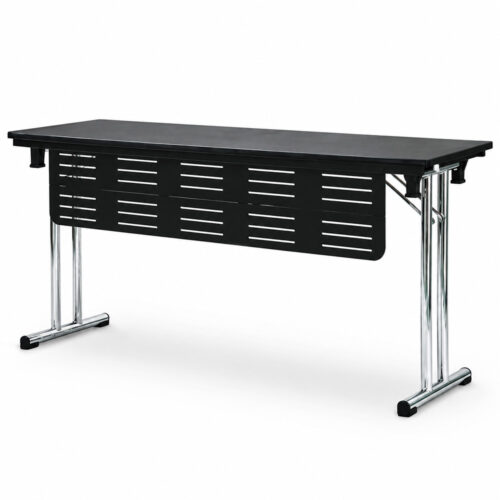 Commercial folding conference table with angled steel twin support frame and perforated modesty panel for training and meeting rooms