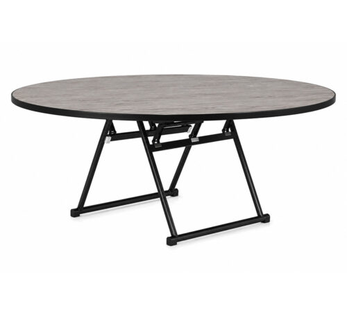Commercial round folding banquet table with heavy-duty steel frame, wood grain tabletop and black powder-coated legs for hotels, banquet halls, conference rooms and event venues.