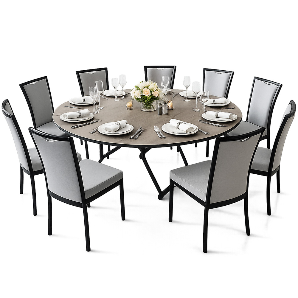 Commercial round folding banquet table with eight upholstered banquet chairs in a professional hotel-style table setting on a white background.