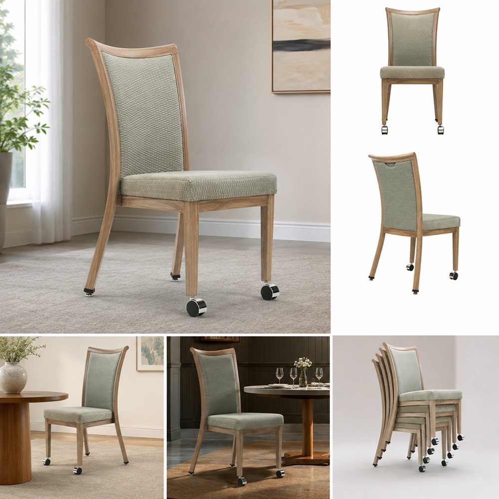 Gallery showing the Curved Back Aluminum Dining Chair with Front Casters in light oak wood grain finish and sage gray upholstery, including front, rear, angle, stacking, and hospitality dining application views.