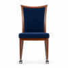 Curved Back Aluminum Dining Chair with Front Casters for hospitality seating, front view, wood grain aluminum frame, navy upholstered back and seat.