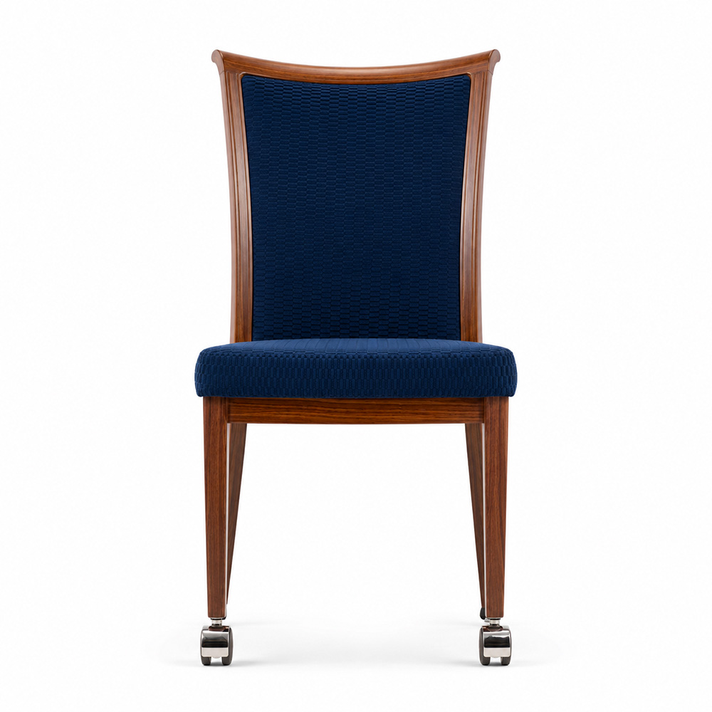 Curved Back Aluminum Dining Chair with Front Casters for hospitality seating, front view, wood grain aluminum frame, navy upholstered back and seat.
