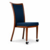 Curved Back Aluminum Dining Chair with Front Casters for Hospitality Seating, wood grain aluminum frame with blue upholstered seat and back, ideal for hotels, restaurants, clubs, and senior living dining areas.