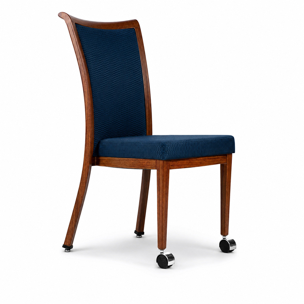 Curved Back Aluminum Dining Chair with Front Casters for Hospitality Seating, wood grain aluminum frame with blue upholstered seat and back, ideal for hotels, restaurants, clubs, and senior living dining areas.