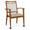 Harbor Arm Aluminum Dining Chair with front casters, upholstered seat and back, commercial hospitality and senior living dining chair, front angle view.