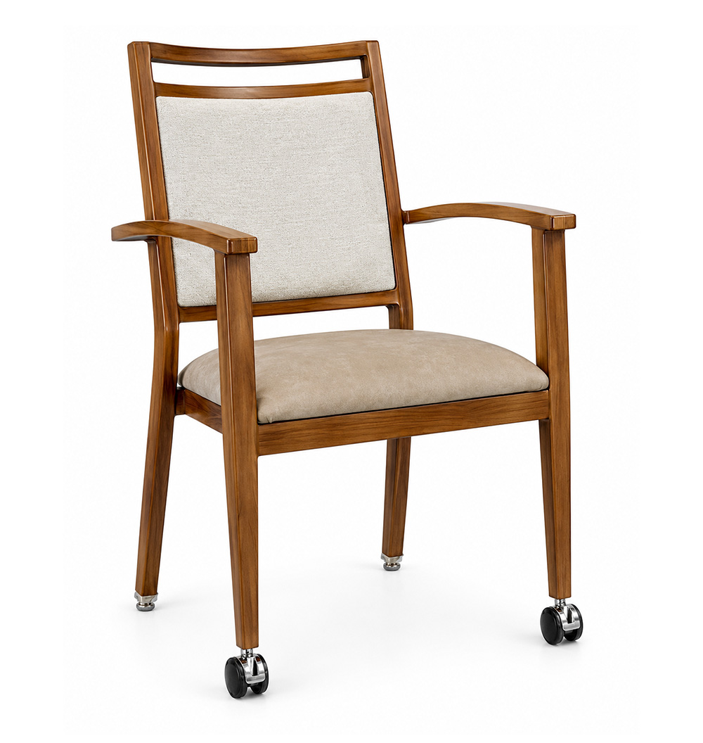 Harbor Arm Aluminum Dining Chair with front casters, upholstered seat and back, commercial hospitality and senior living dining chair, front angle view.