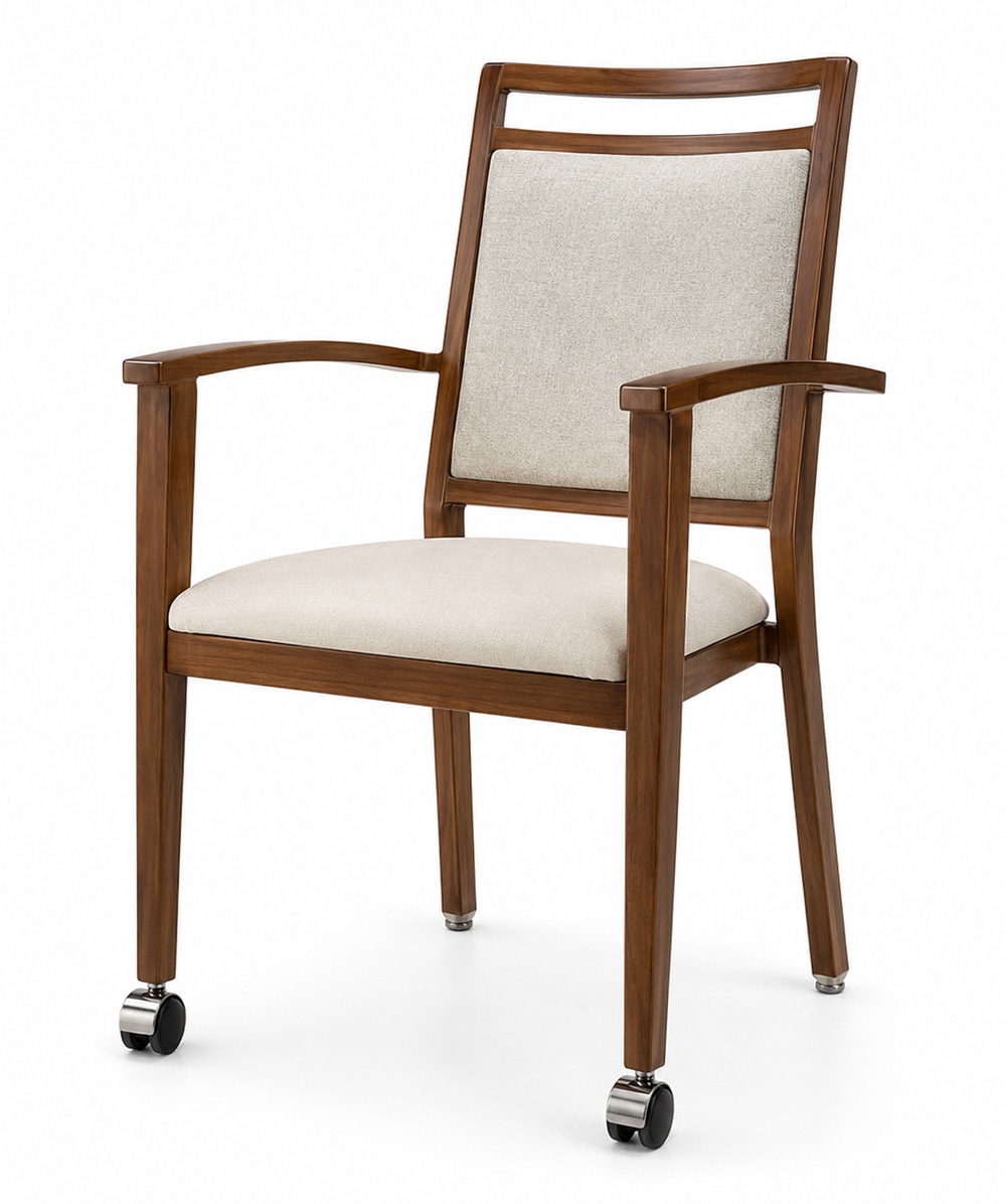 Front three-quarter view of Harbor Arm aluminum dining chair with front casters, wood grain finish, upholstered seat and back for hospitality and senior living dining spaces.